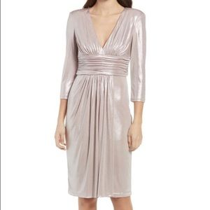 New! Vince Camuto Blush Metallic Rouche Long Sleeve Low-V Cocktail Dress